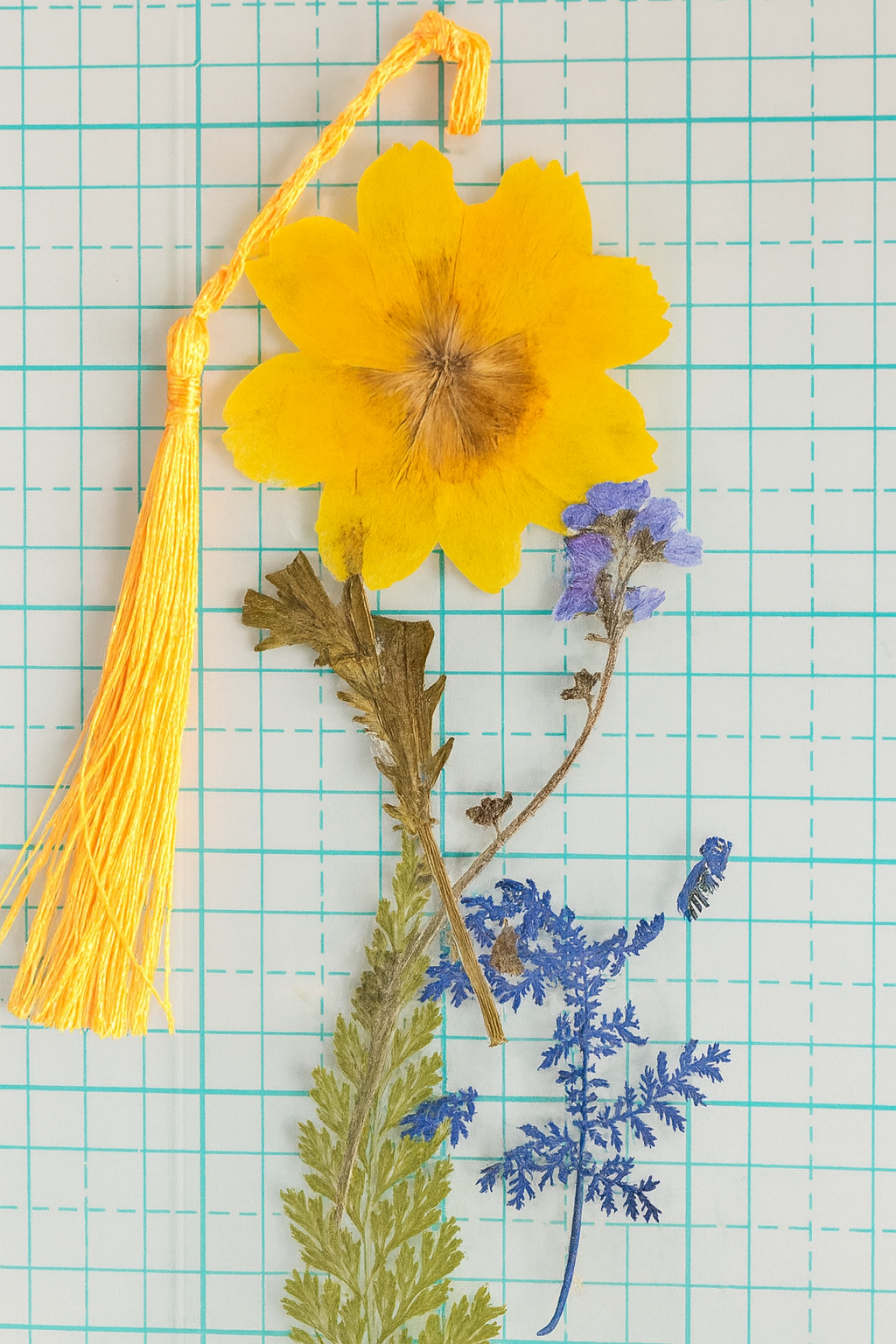  Yellow Flower Bookmark with Bow Charm | Pressed Flower Bookmarks with blue