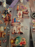Decorative Handmade Unique Book Charm Bookmark border with books, flowers, and candles on a gray background