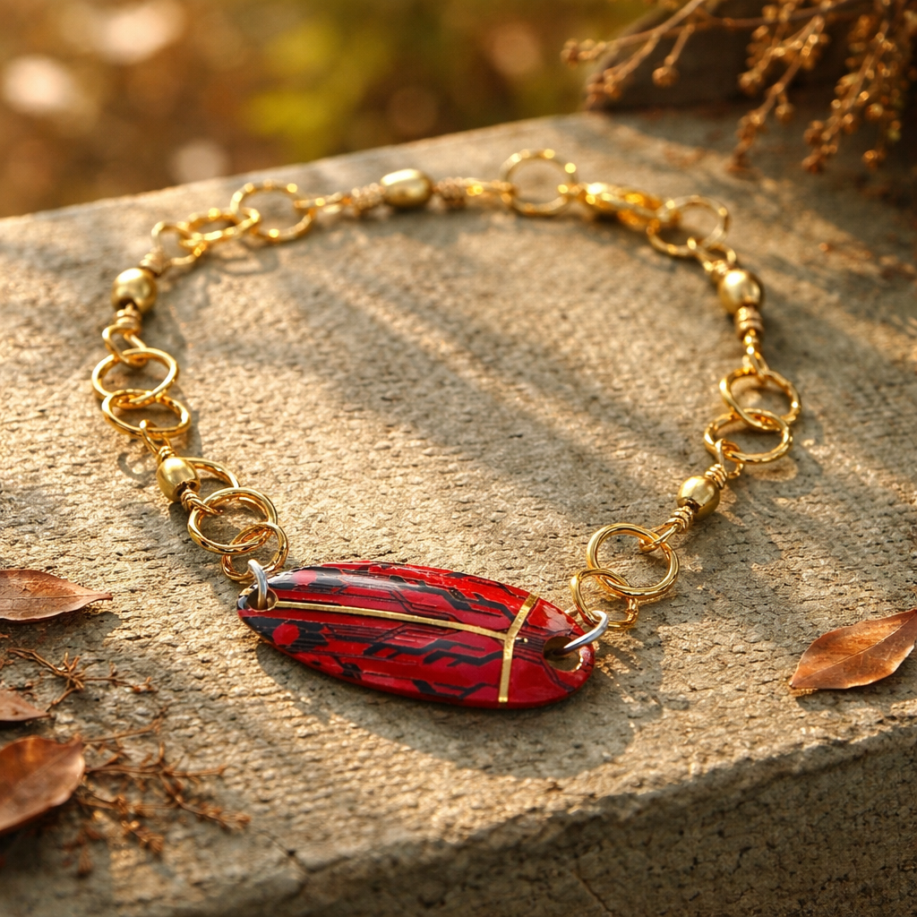 Gold bracelet with a red and black stone on a stone surface with leaves.