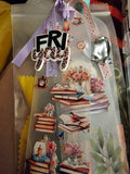 Handmade Unique Book Charm Bookmark Packaged stickers with books, flowers, and 'FRI' design on a clear background