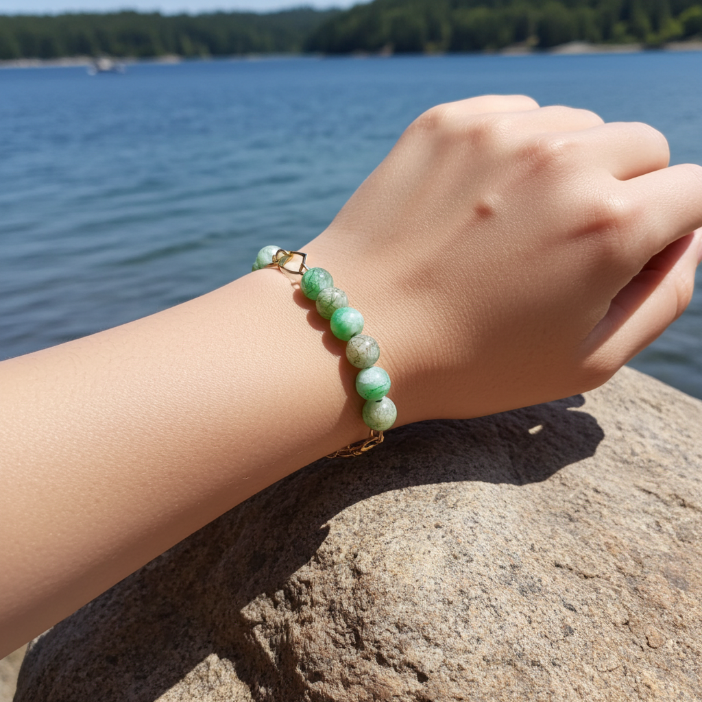 African Turquoise Glass Bead Bracelet on a hand by a serene water body, showcasing its natural beauty and tranquil energy.