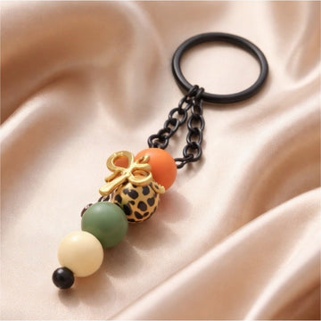 Leopard Print Bead Charm Keychain w/ Gold Tone Bow & Black Detachable Keyring