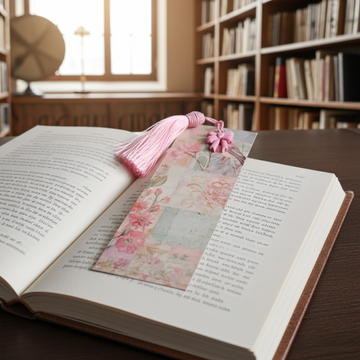 Pink Floral Print Bookmark | Pressed Flower Bookmark with Tassel in a book