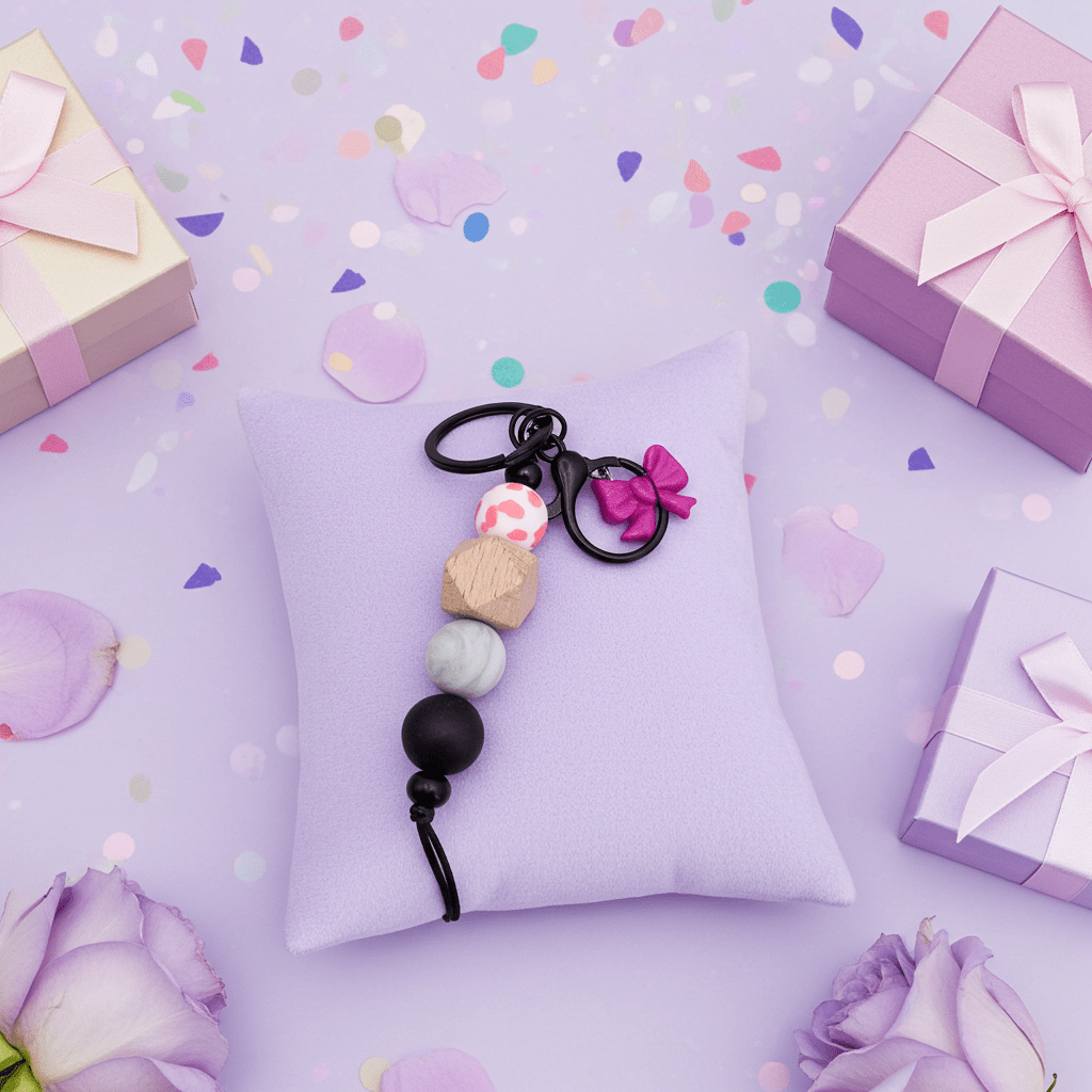 Handmade Purple Bow Charm Keychain | Polymer Clay Beaded Accessory - Clay By Design