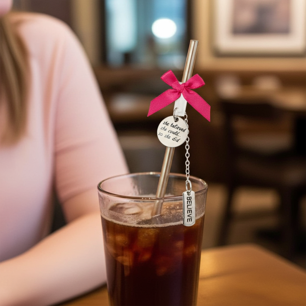 Glass of iced drink with a decorative straw featuring a pink bow and motivational tag in a blurred cafe setting.